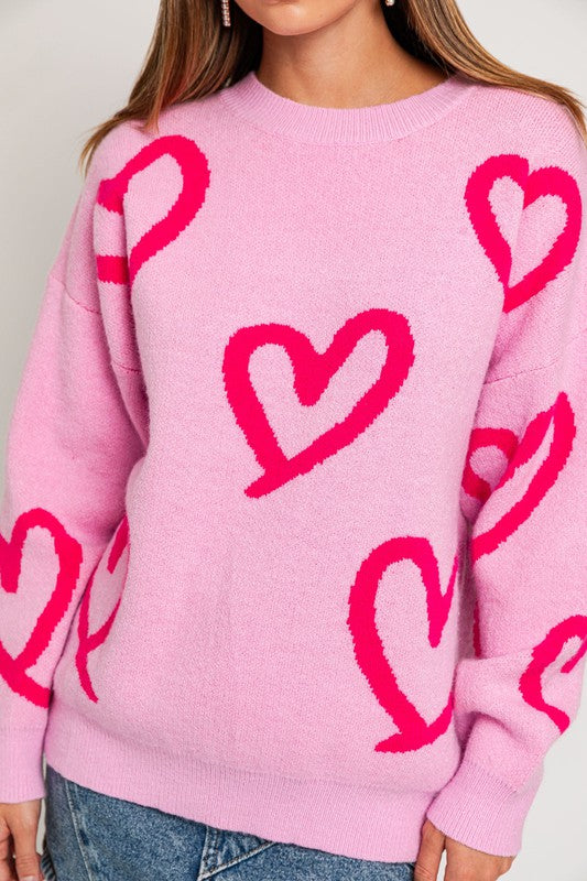 Long Sleeve Round Neck Heart Printed Sweater - bertofonsi