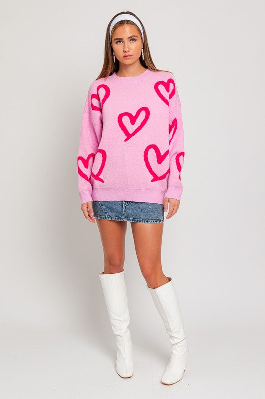Long Sleeve Round Neck Heart Printed Sweater - bertofonsi