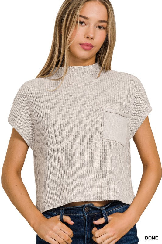Mock Neck Short Sleeve Cropped Sweater - bertofonsi