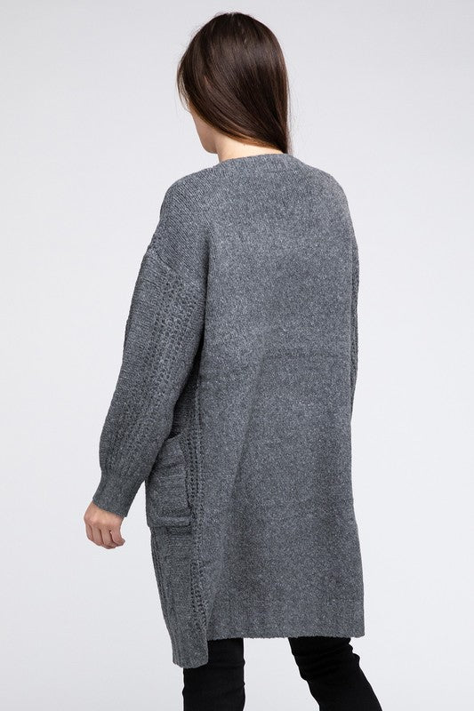 Twist Knitted Open Front Cardigan With Pockets - bertofonsi