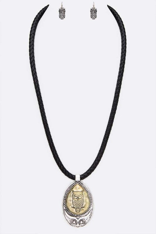 Vintage Owl Pendant Braided Leather Necklace - bertofonsi