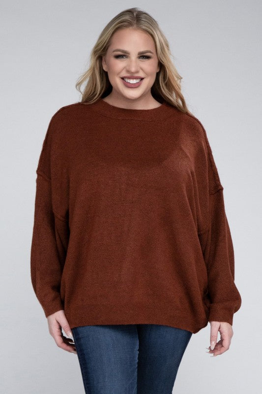 Plus Oversized Round Neck Raw Seam Melange Sweater - bertofonsi