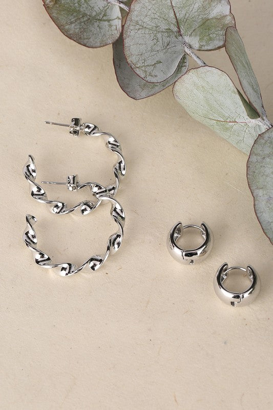 Twisted hoop earring and bold earring set - silver - bertofonsi