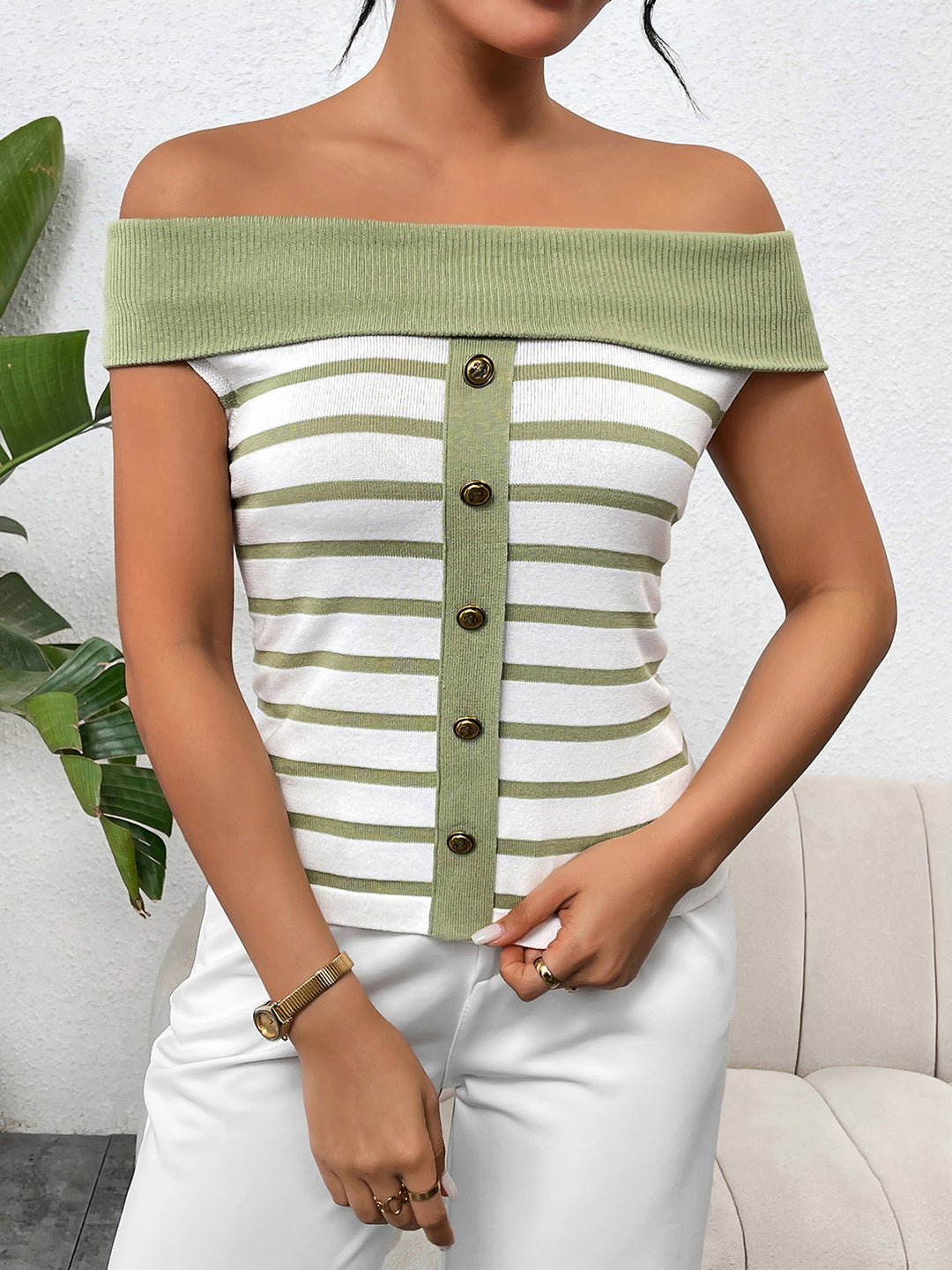 Decorative Button Striped Off-Shoulder Knit Top - bertofonsi