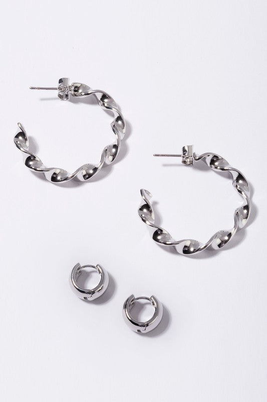 Twisted hoop earring and bold earring set - silver - bertofonsi