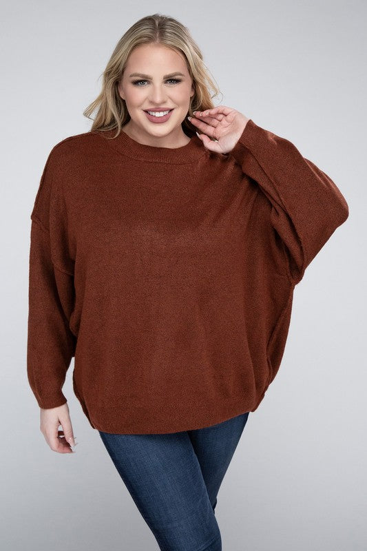 Plus Oversized Round Neck Raw Seam Melange Sweater - bertofonsi