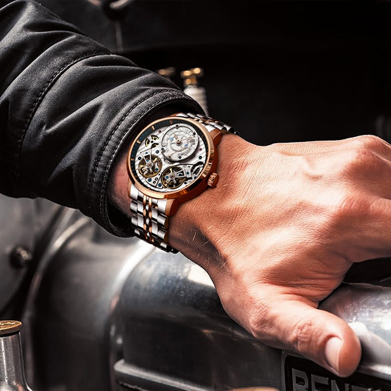JINLERY Special Double Flywheel Tourbillon Watch for Men Automatic Wristwatch Fashion Mechanical Luxury Clock Relogio Masculino - bertofonsi