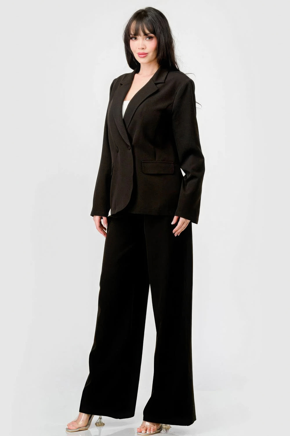 Luxe Stretch Woven Loose Fit Blazer And Wide Legs Pants Semi Formal Set - bertofonsi