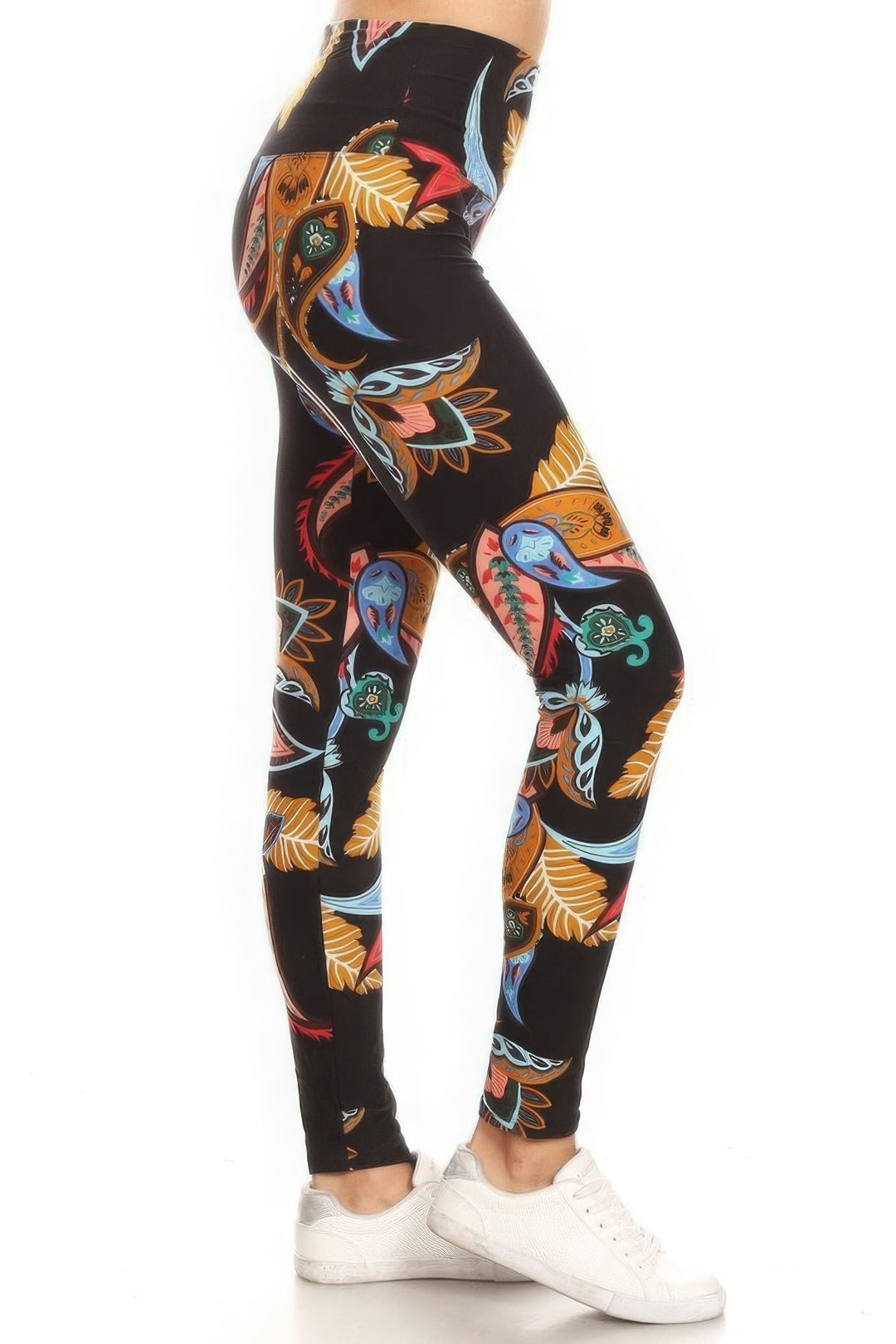 5-inch Long Yoga Style Banded Lined Paisley Floral Printed Knit Legging With High Waist - bertofonsi