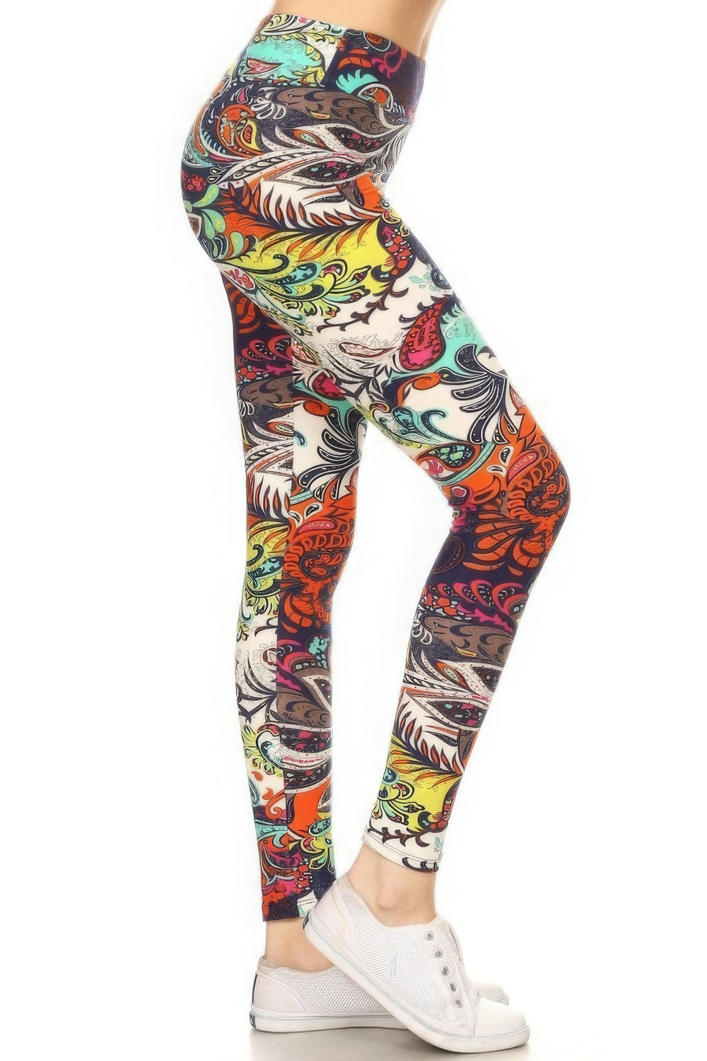 Yoga Style Banded Lined Multicolored Mixed Paisley Print, Full Length Leggings - bertofonsi
