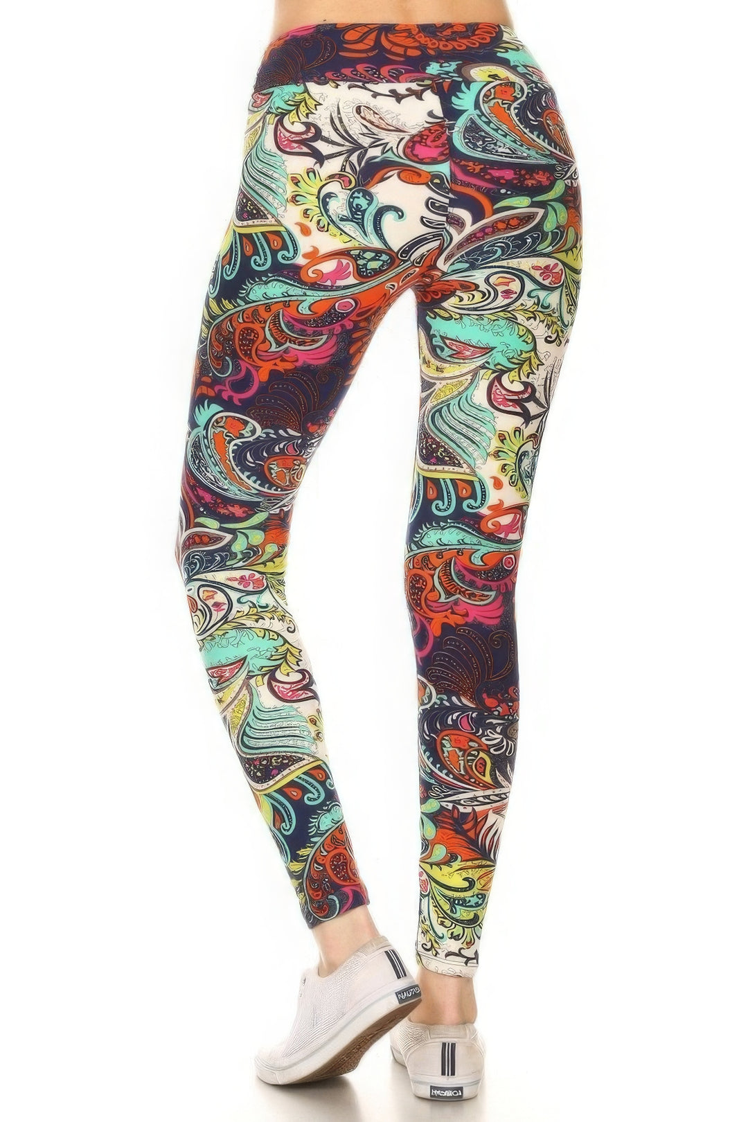 Yoga Style Banded Lined Multicolored Mixed Paisley Print, Full Length Leggings - bertofonsi