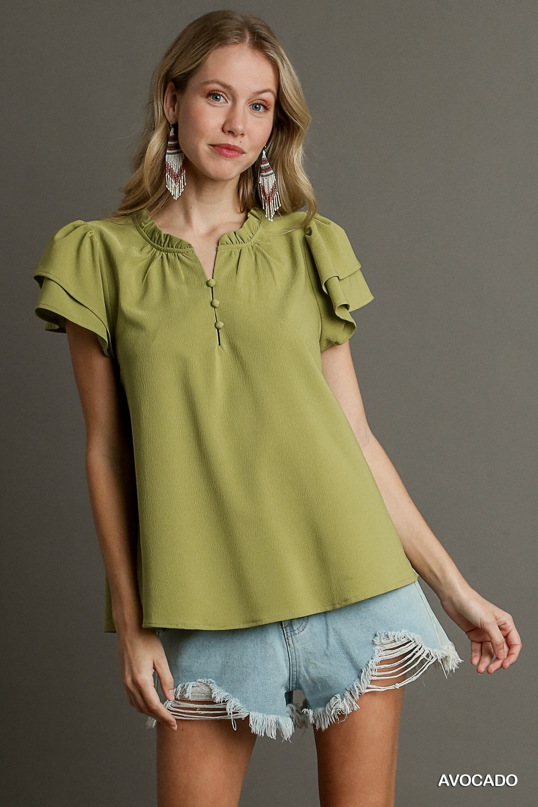 Boxy Cut Faux Button Ruffle Neckline Top With Short Layered Sleeves - bertofonsi