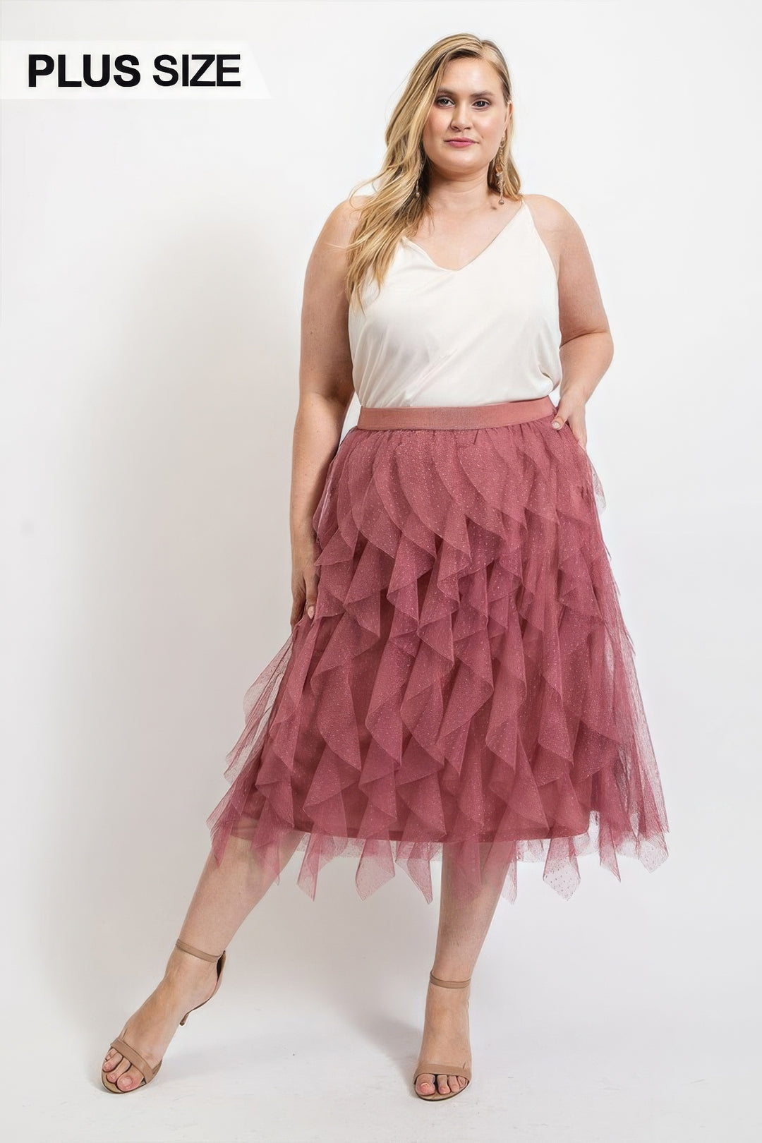 Ruffled Tulle Midi Skirt With Elastic Waist Band - bertofonsi