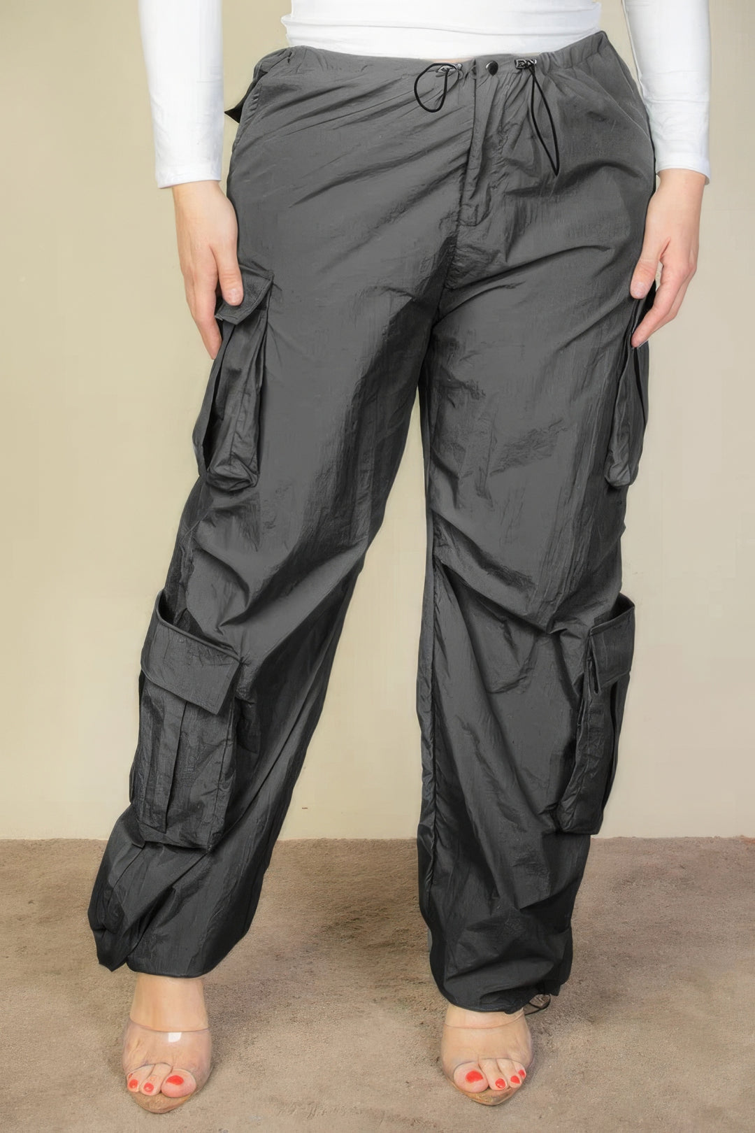 Plus Size Flap Pockets Drawstring Ruched Parachute Pants - bertofonsi