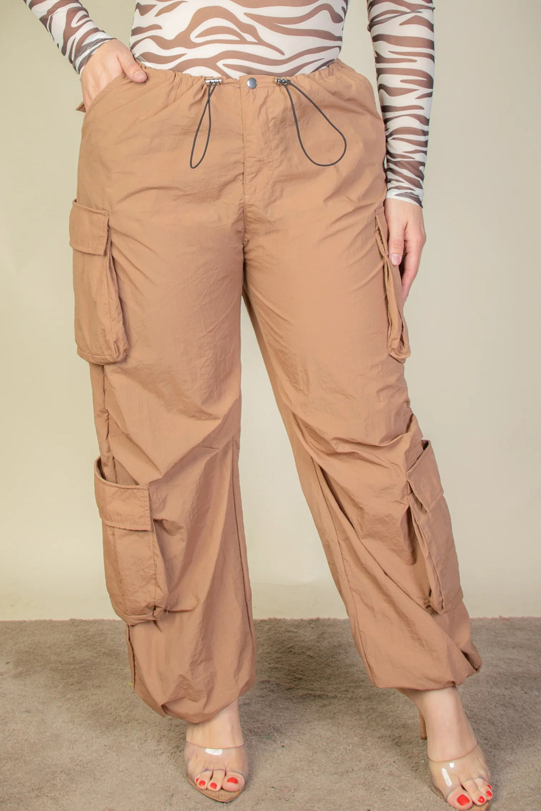 Plus Size Flap Pockets Drawstring Ruched Parachute Pants - bertofonsi