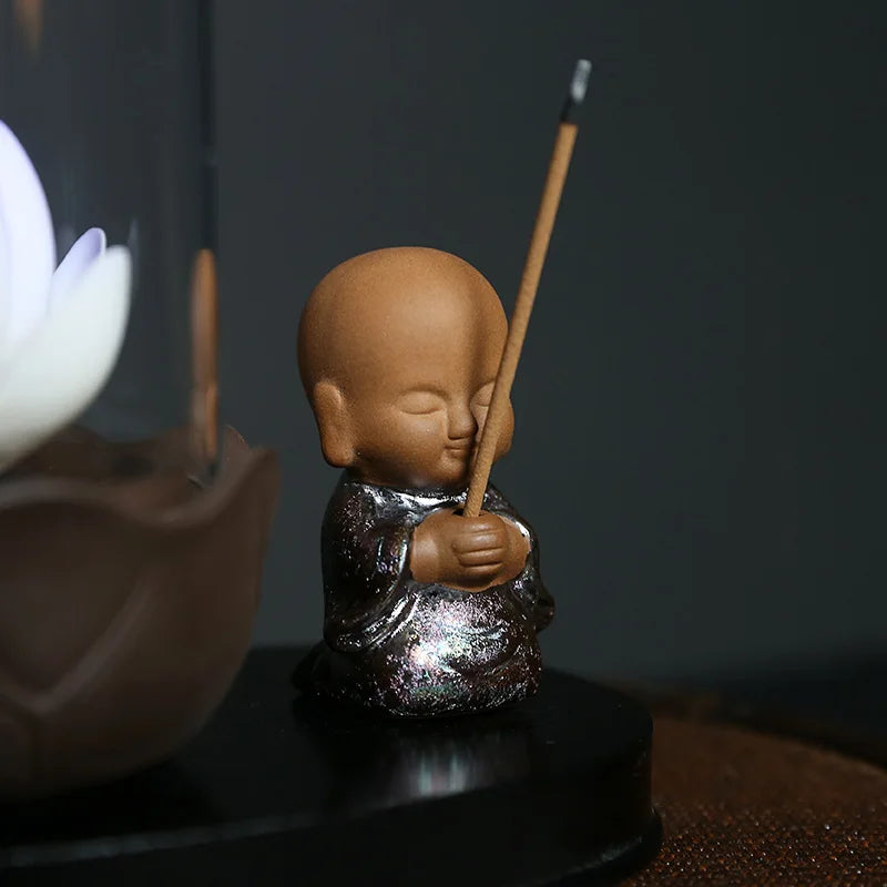 Color Changing LED Light Windproof Waterfall Incense Burner Zen Peaceful Monk Lotus Incense Stick Holder Lucky Home Decoration - bertofonsi