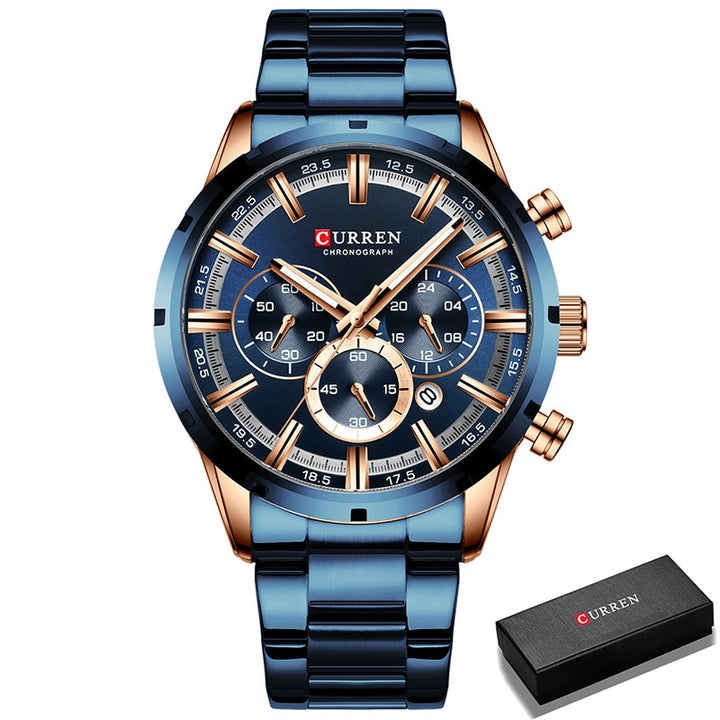 New CURREN Top Brand Luxury Fashion Mens Watches Stainless Steel Chronograph Quartz Watch Men Sport Male Clock Relogio Masculino - bertofonsi