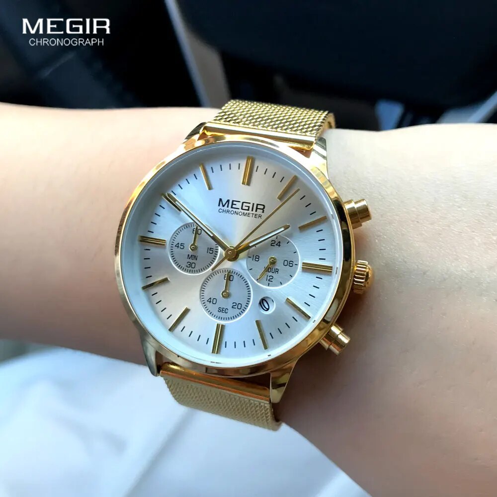 MEGIR Women's Chronograph Steel Quartz Watches Fashion Waterproof Luminous 24-hour Analogue Wristwatch for Woman Lady 2011L-1N3 - bertofonsi