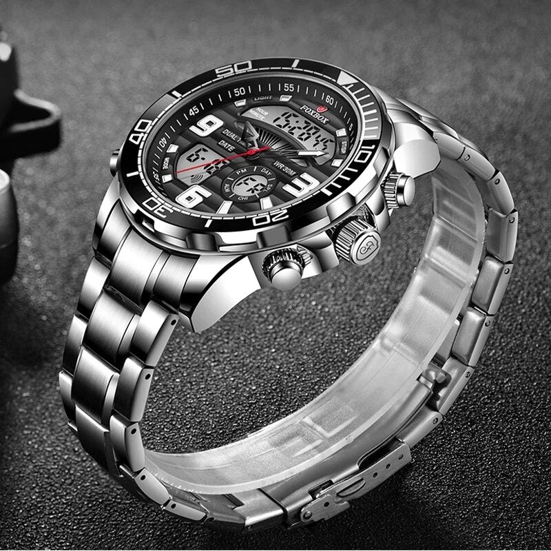 Mens Watches 2022 New LIGE Brand FOXBOX Dual Display Stainless Steel Sport Wrist Watch For Men Waterproof Date Clock RelojHombre - bertofonsi