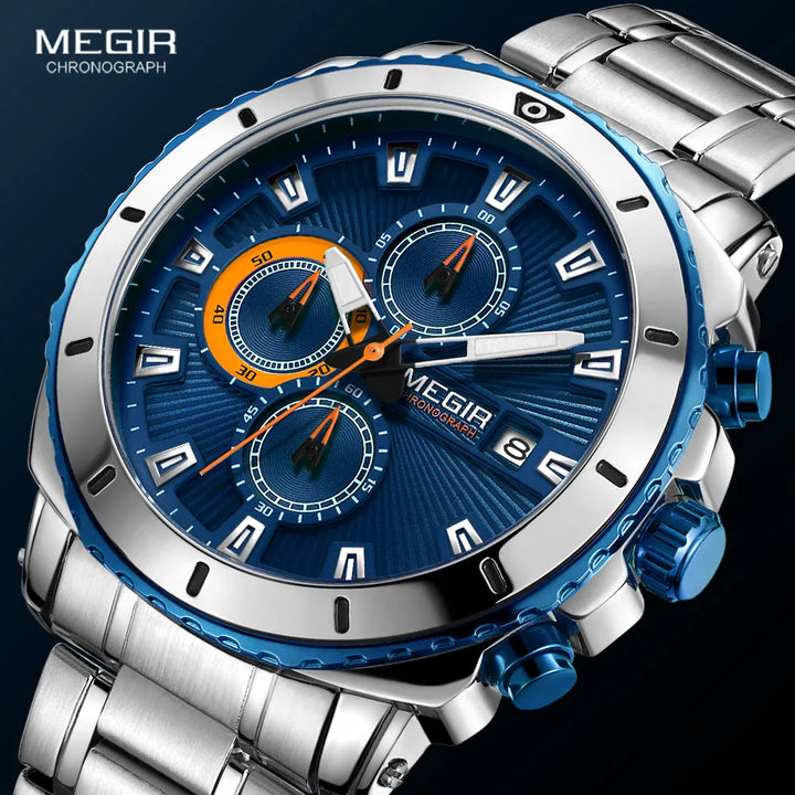 MEGIR Men's Blue Dial Chronograph Quartz Watches Fashion Stainless Steel Analogue Wristwatches for Man Luminous Hands 2075G-2 - bertofonsi