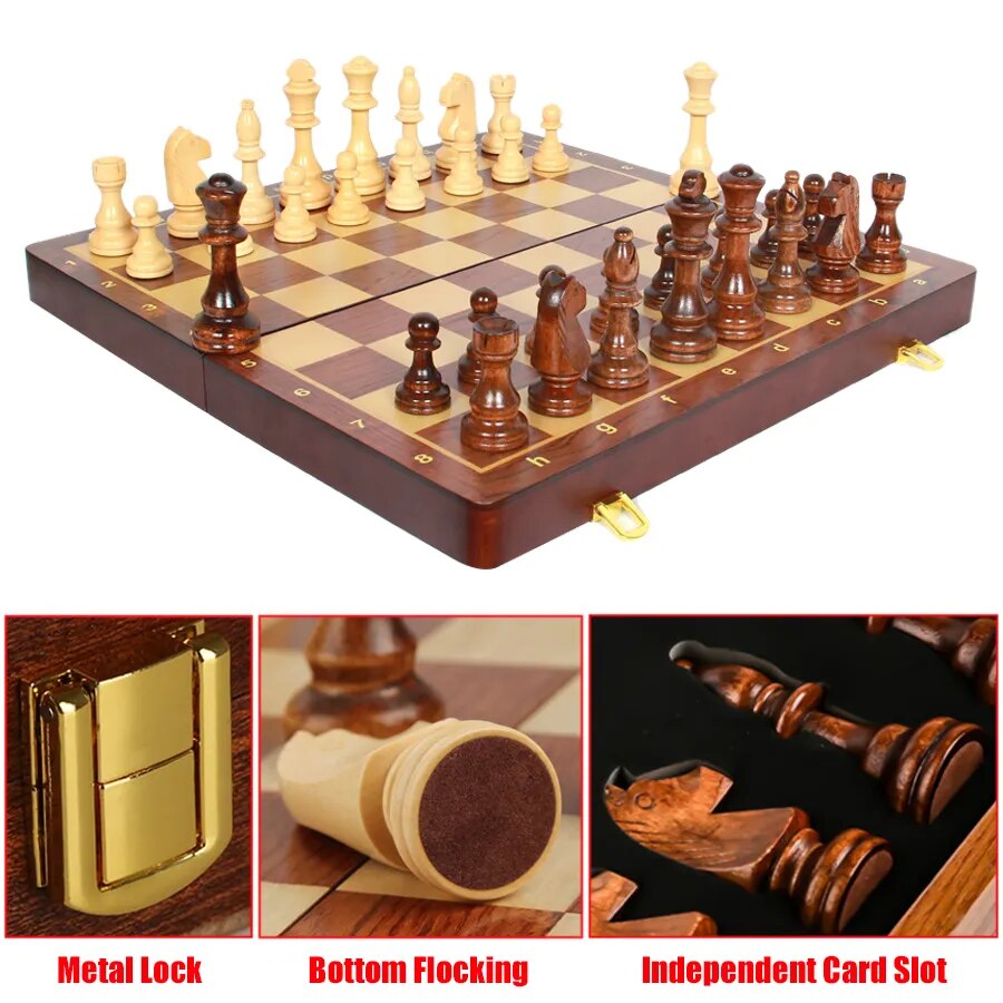 15" x 15" High-end Wooden Folding Chess Set for Adults in Toys Games Chessboard Interior Storage Box With 2 Extra Queens - bertofonsi