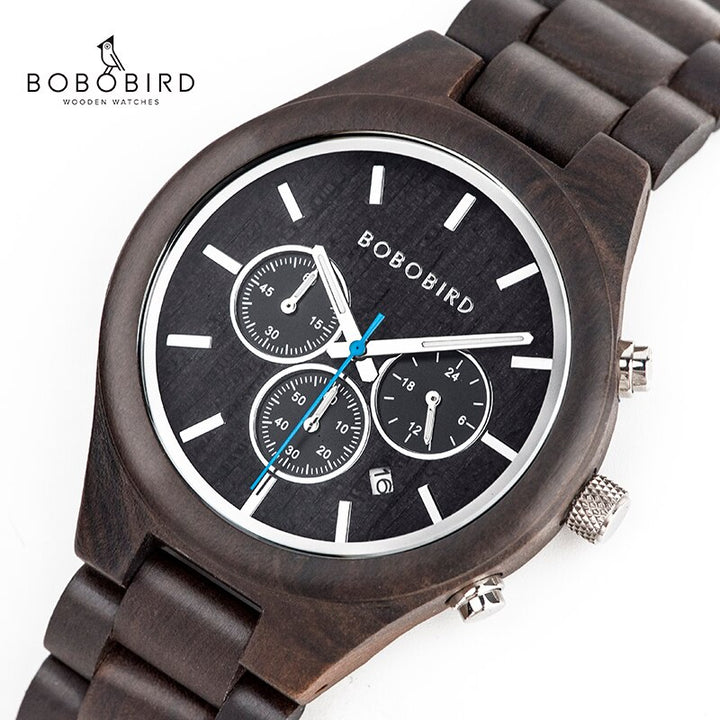 BOBO BIRD Wood Men‘s Watches Stopwatch Male Ebony Chronograph Calendar Wristwatch Man Custom private label in Gift Box Dropship - bertofonsi
