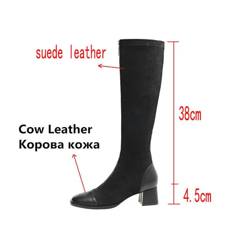 Sexy Retro Genuine Leather ladies Knee high Boots Thick high Heels zippers women boots Winter Newest Party Dancing Shoes Woman - bertofonsi