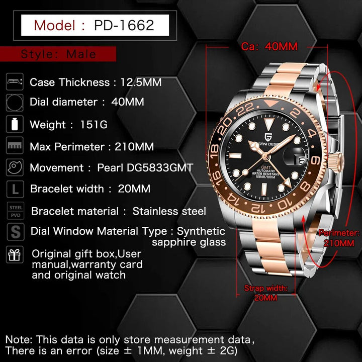 PAGANI DESIGN New Rose Gold Ceramic Bezel GMT Watch Luxury Sapphire Glass Automatic Watch Stainless Steel Men's Mechanical Watch - bertofonsi