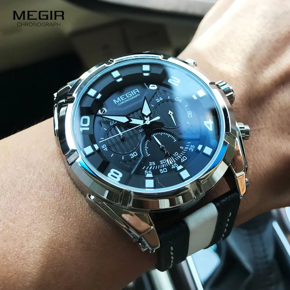 MEGIR Fashion Men's Chronograph Quartz Watches Leather Strap Luminous Hands 24-hour Sports Analogue Wristwatch for Man 2076White - bertofonsi