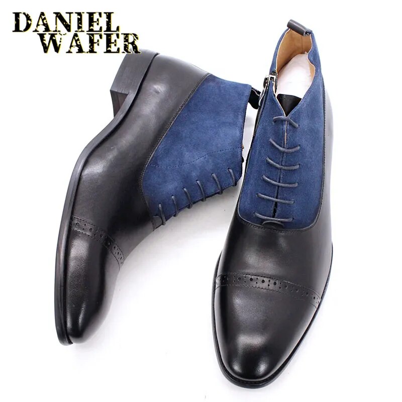 Luxury Men Ankle Boots Original Suede Leather Shoes Cap Toe Lace Up Pointed Toe Brown Black Casual Dress Formal Shoes Men Boots - bertofonsi