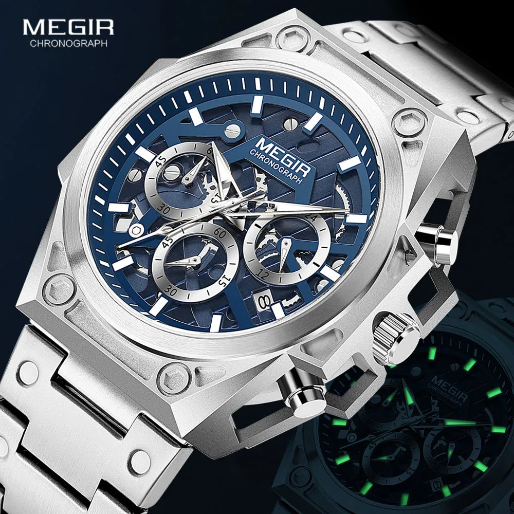 MEGIR Blue Watch Men Stainless Steel Dress Wrist Watch Man Waterproof Chronograph Quartz Watches Relogio Masculino часы мужские - bertofonsi