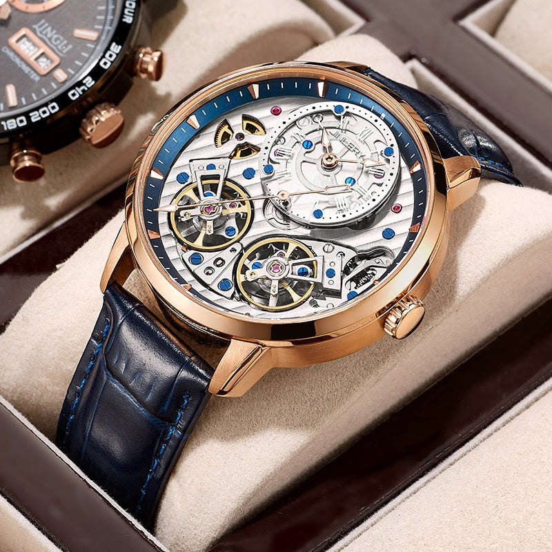 JINLERY Special Double Flywheel Tourbillon Watch for Men Automatic Wristwatch Fashion Mechanical Luxury Clock Relogio Masculino - bertofonsi