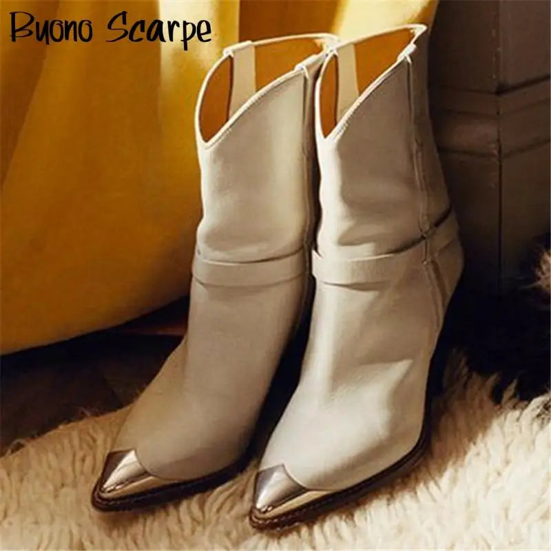 Metal Toe High Heel Women Boots Genuine Leather Short Ankle Boots Suede Leather Pointed Toe Heels Shoes Ladies Matin Boots 2020 - bertofonsi