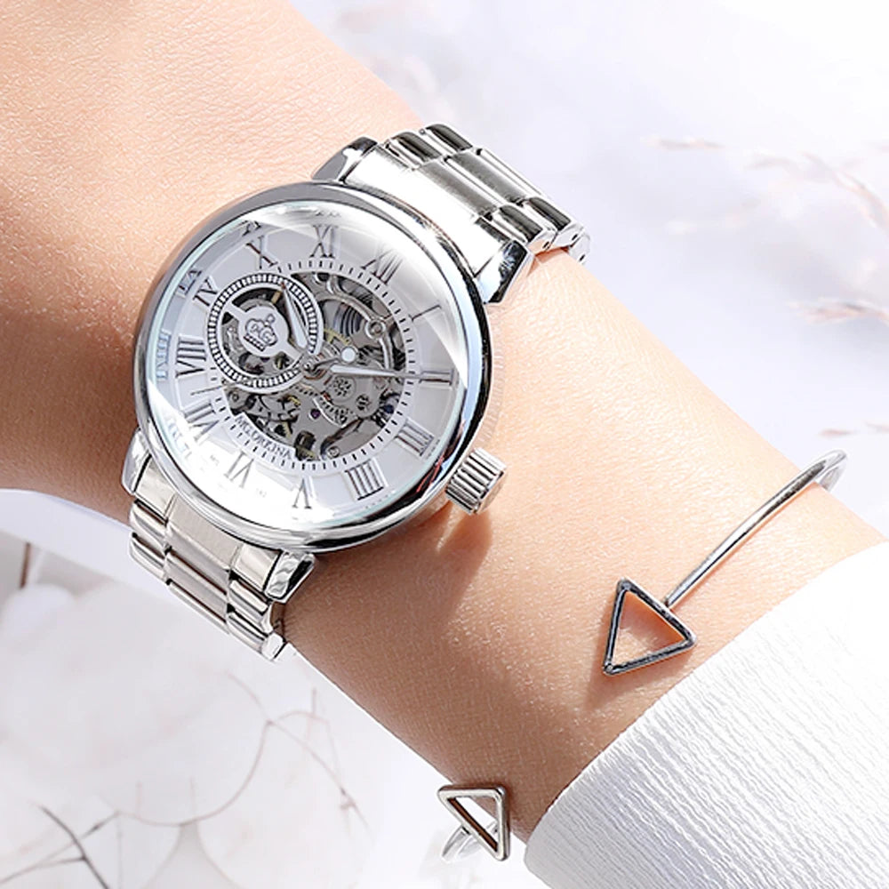 New Fashion Luxury Brand Skeleton Women Mechanical Watch Female Clock Automatic Mechanical Watches For Women Silver Montre Femme - bertofonsi