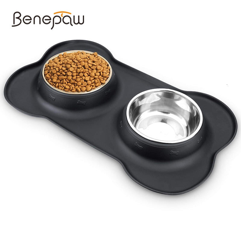 Benepaw Antislip Double Dog Bowl With Silicone Mat Durable Stainless Steel No Spill Pet Feeding Bowl Drinking Water Food Feeder - bertofonsi