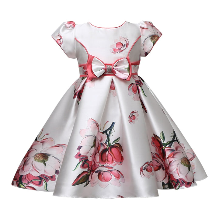 Hetiso Satin Cute Girls Birthday Floral Print Dresses Flower Bow Children's Clothing Casual Princess Party Clothes 3-10T - bertofonsi
