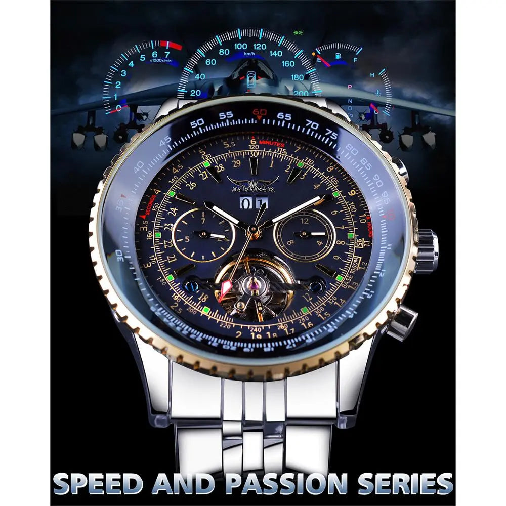 Jaragar 2017 Flying Series Golden Bezel Scale Dial Design Stainless Steel Mens Watch Top Brand Luxury Automatic Mechanical Watch - bertofonsi