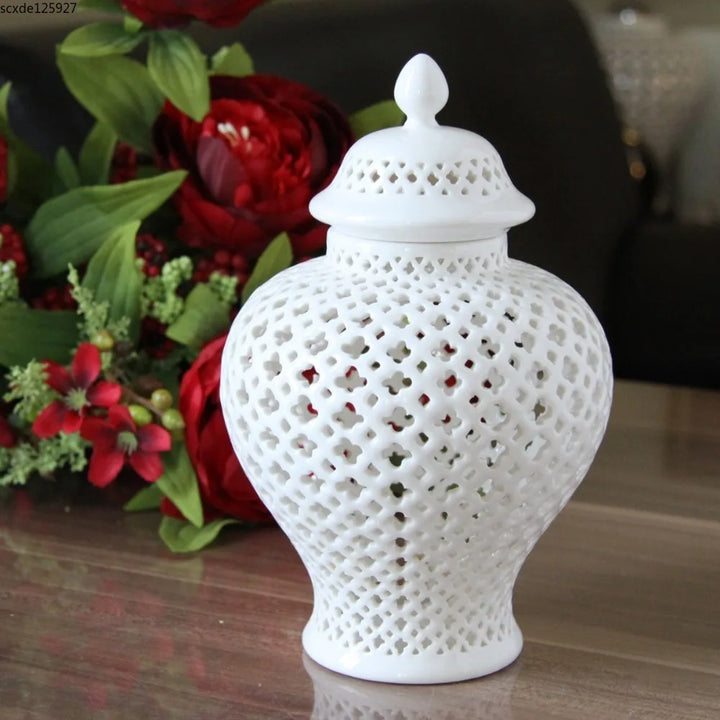 Ceramic White Hollow General Jar Flower Arrangement Dried Flower Vase Art Wedding Vase Storage Jar Crafts Gifts Home Decoration - bertofonsi