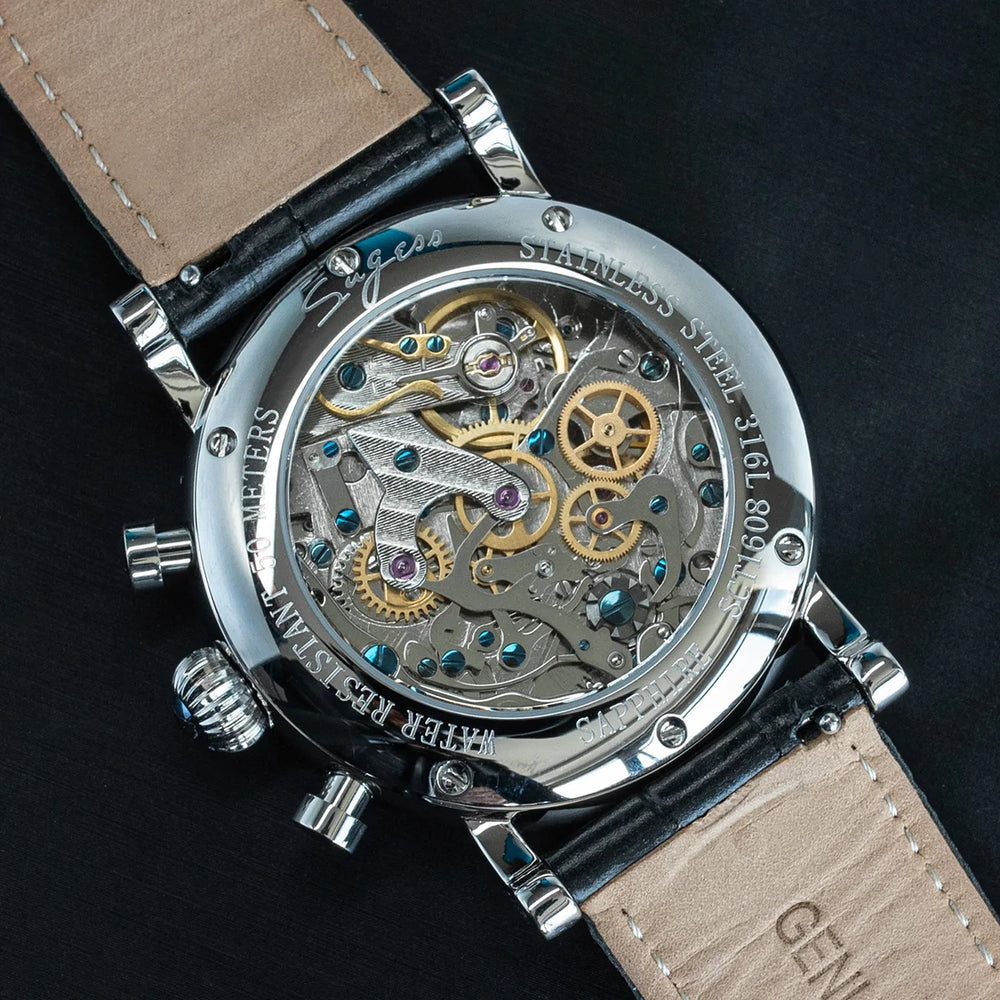 Sugess Mechanical Watch ST1908 Chronograph Wristwatches Moonphase Movement Waterproof Watch Sapphire Calendar Vintage BK Dial - bertofonsi