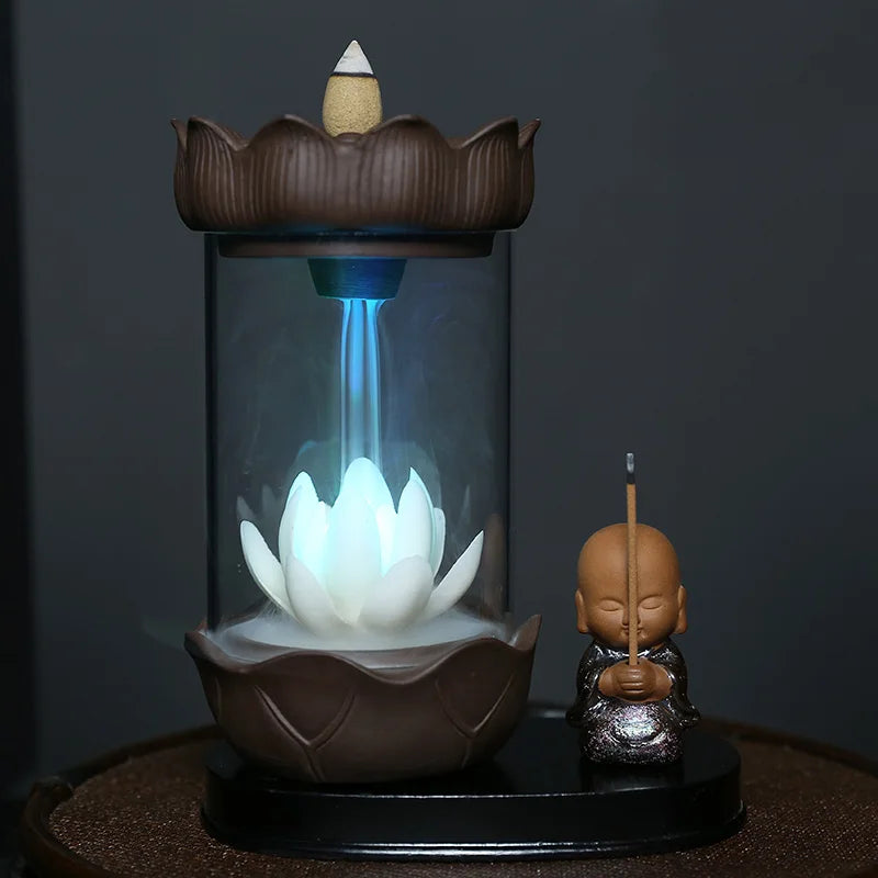 Color Changing LED Light Windproof Waterfall Incense Burner Zen Peaceful Monk Lotus Incense Stick Holder Lucky Home Decoration - bertofonsi