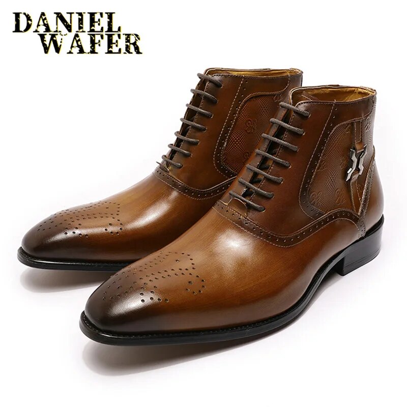 Luxury Men Ankle Boots Genuine Leather Shoes Fashion Printed Medallion Lace Up Pointed Toe Dress Wedding Office Basic Boots Men - bertofonsi