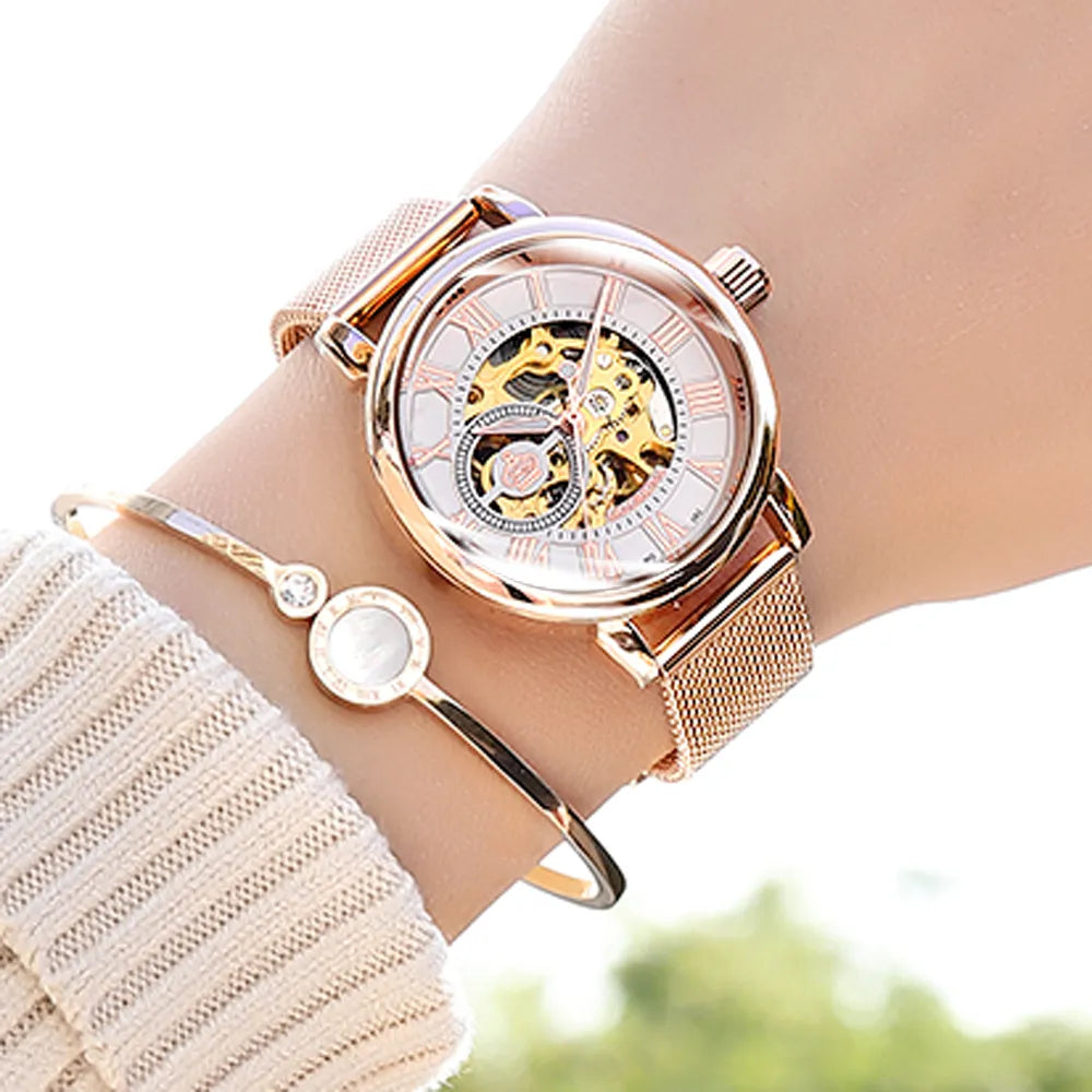 New Fashion Luxury Brand Skeleton Women Mechanical Watches Female Clock Automatic Self-Wind Wristwatches for Ladies Montre Femme - bertofonsi