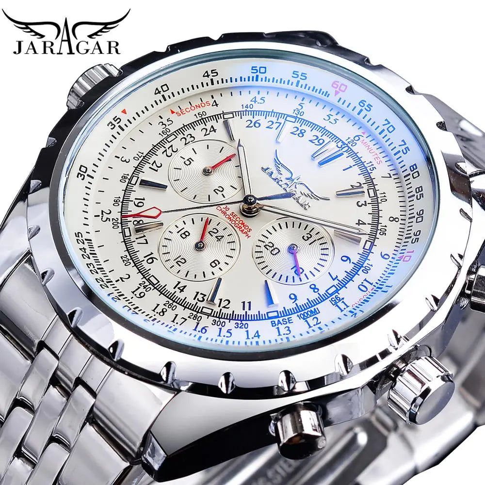 Jaragar White Dial Automatic Watch Complete Calendar Silver Stainless Steel Luminous Business Sport Mechanical Date Wristwatch - bertofonsi