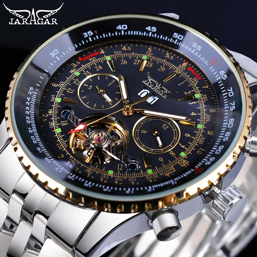 Jaragar 2017 Flying Series Golden Bezel Scale Dial Design Stainless Steel Mens Watch Top Brand Luxury Automatic Mechanical Watch - bertofonsi