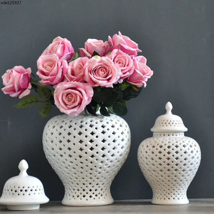 Ceramic White Hollow General Jar Flower Arrangement Dried Flower Vase Art Wedding Vase Storage Jar Crafts Gifts Home Decoration - bertofonsi