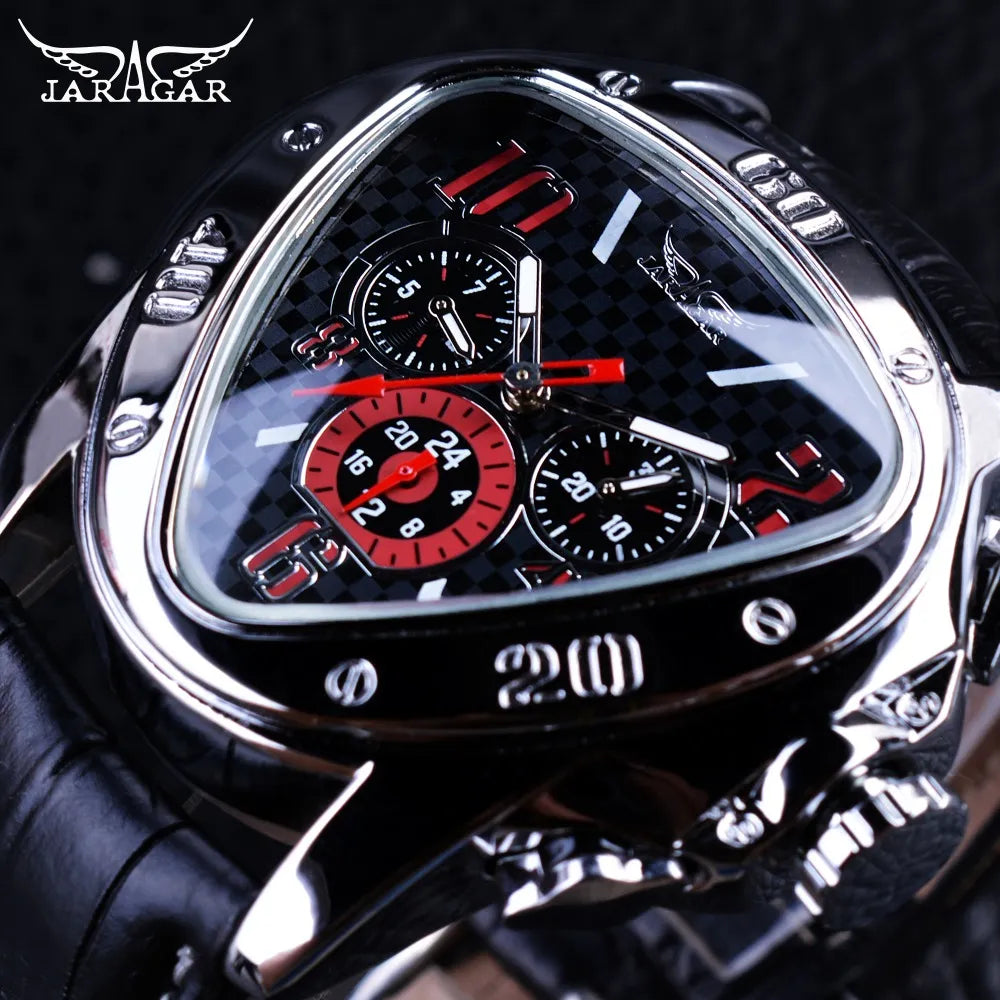 Jaragar Sport Racing Design Geometric Triangle Pilot Genuine Leather Men Mechanical Watch Top Brand Luxury Automatic Wrist Watch - bertofonsi