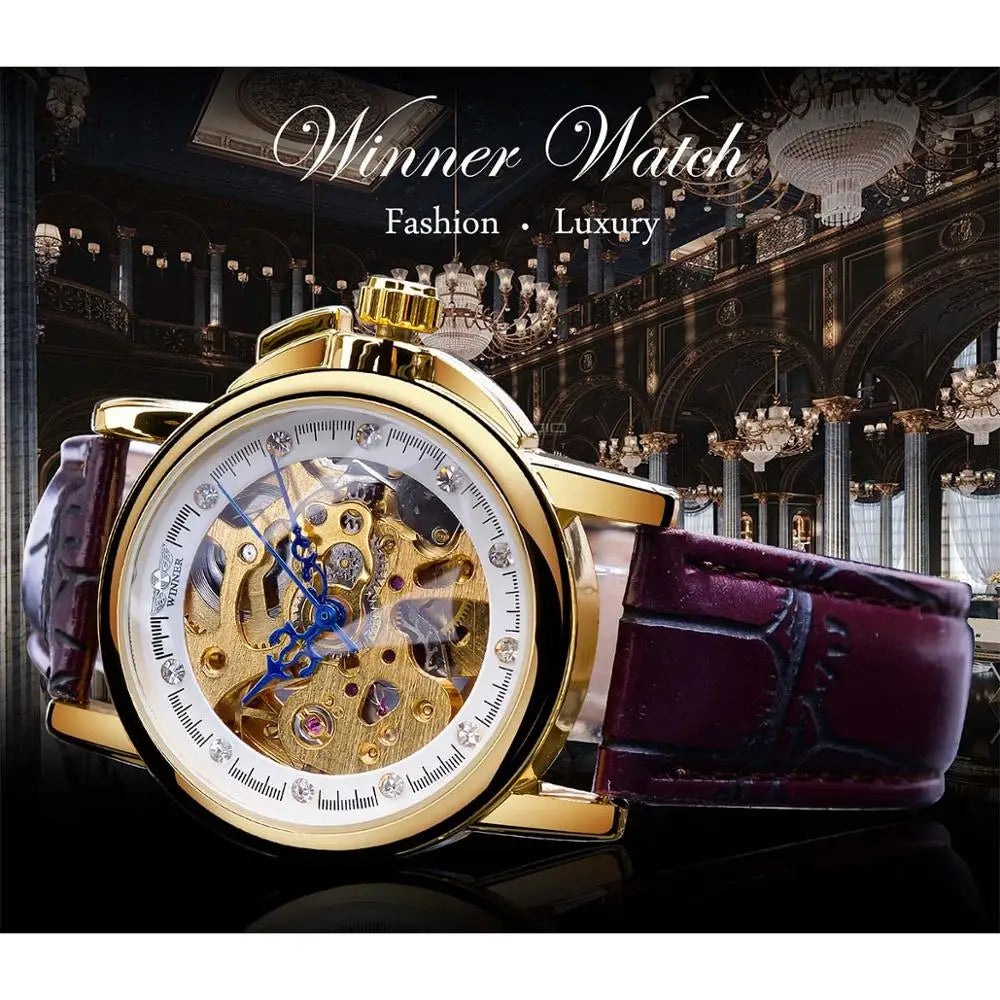 Winner 2019 Mechanial Women Watches Fashion Retro Leather Strap Automatic Ladies Wristwatch High Quality Skeleton Female Clock - bertofonsi