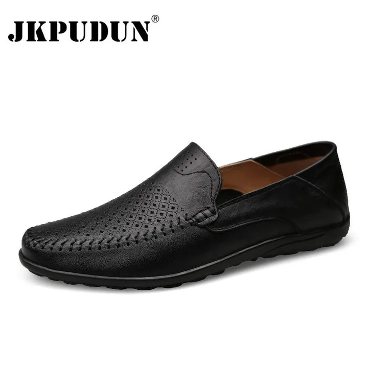 JKPUDUN Italian Mens Shoes Casual Luxury Brand Summer Men Loafers Genuine Leather Moccasins Comfy Breathable Slip On Boat Shoes - bertofonsi
