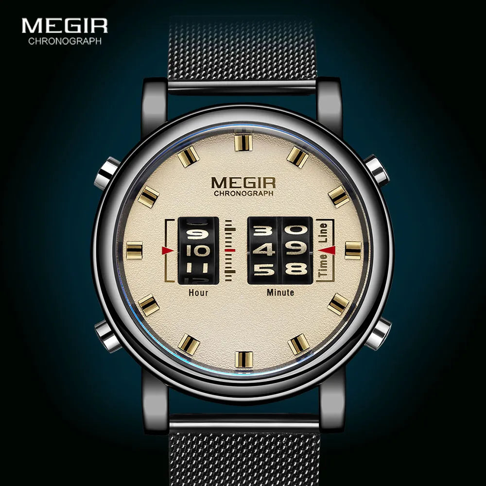 MEGIR 2020 New Luxury Watches Men Military Sport Roller Pointer Quartz Watch Man Fashion Stainless Steel Mesh Strap Wristwatch - bertofonsi
