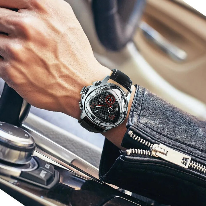 Jaragar Men Automatic Mechanical Wrist Watch Sport Racing Pilot Genuine Leather Casual Top Brand Luxury Geometric Triangle Clock - bertofonsi